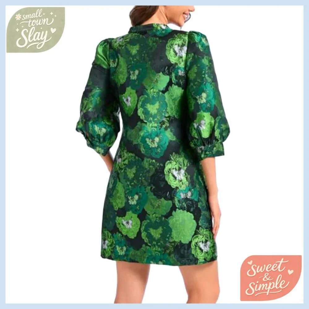 Floral Jacquard Shift Dress Long Puff Sleeve Button Up Cocktail Mini - Picture 4 of 7